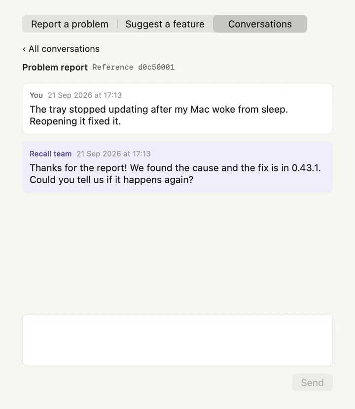 One feedback conversation with a reply from the Recall team