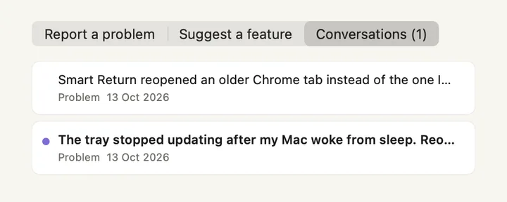 The Feedback window, Conversations list