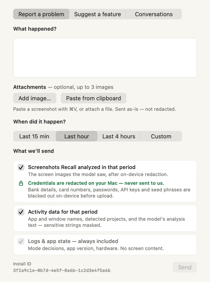 The Feedback window, Report a problem
