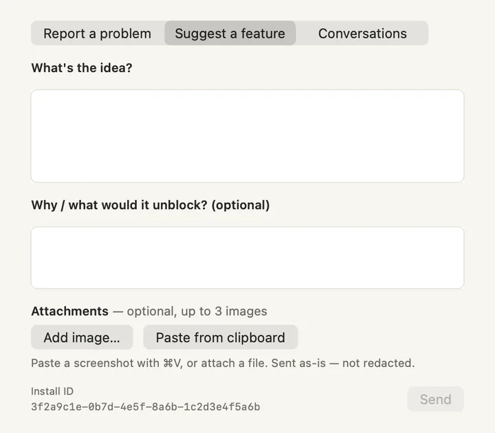 The Feedback window, Suggest a feature