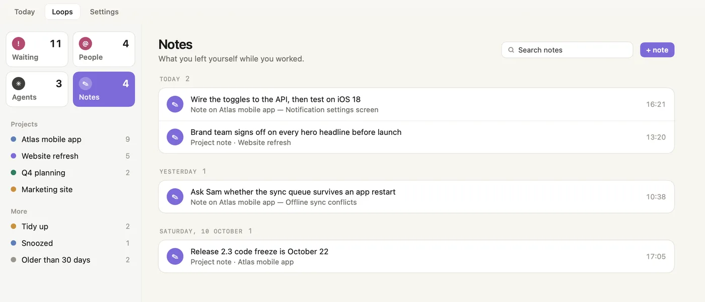 Loops, the Notes list grouped by day