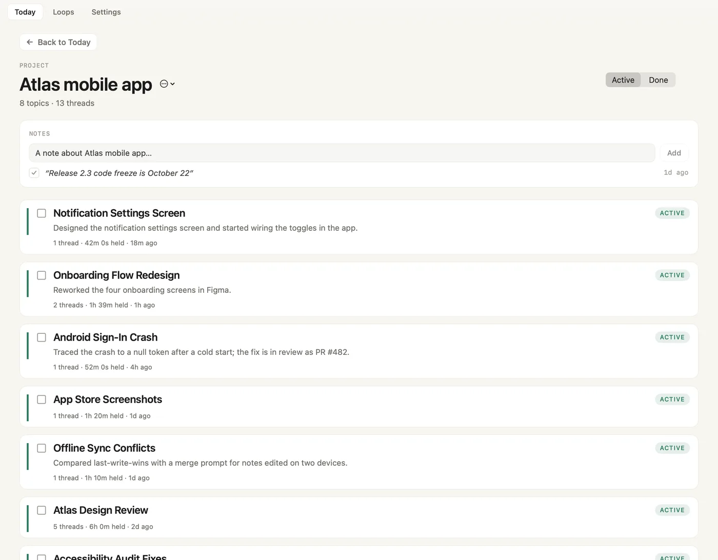 The project page for Atlas mobile app