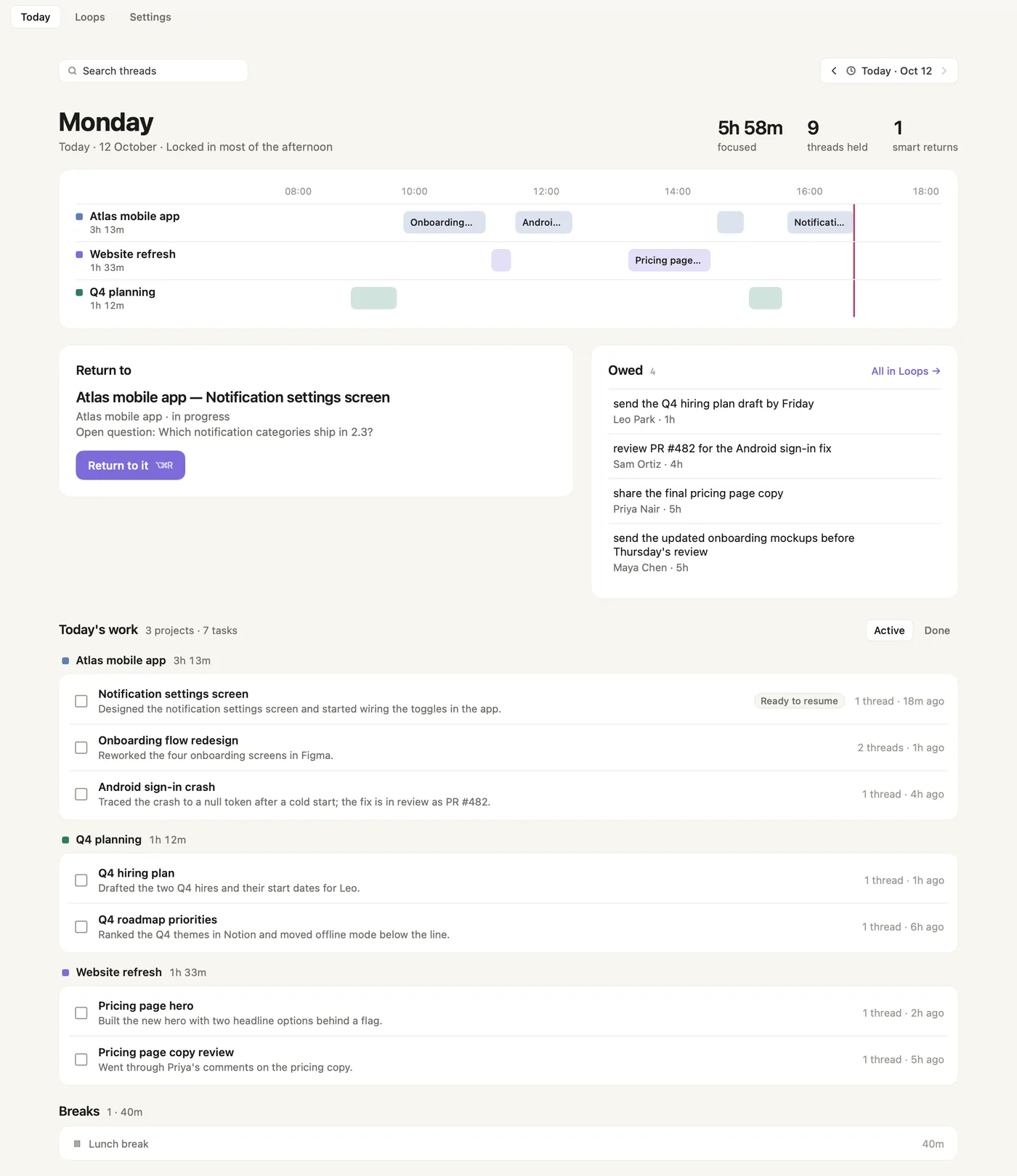 The Today tab with the timeline, Return to, Owed and Today's work
