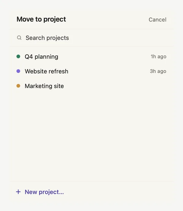 The Move to project picker