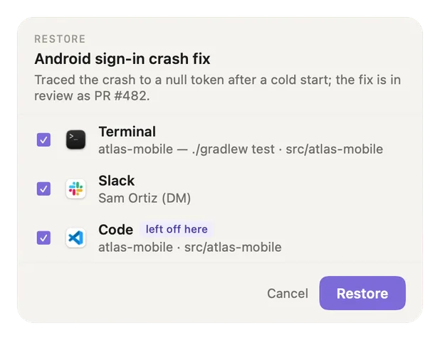 The restore checklist listing Terminal, Slack and Code