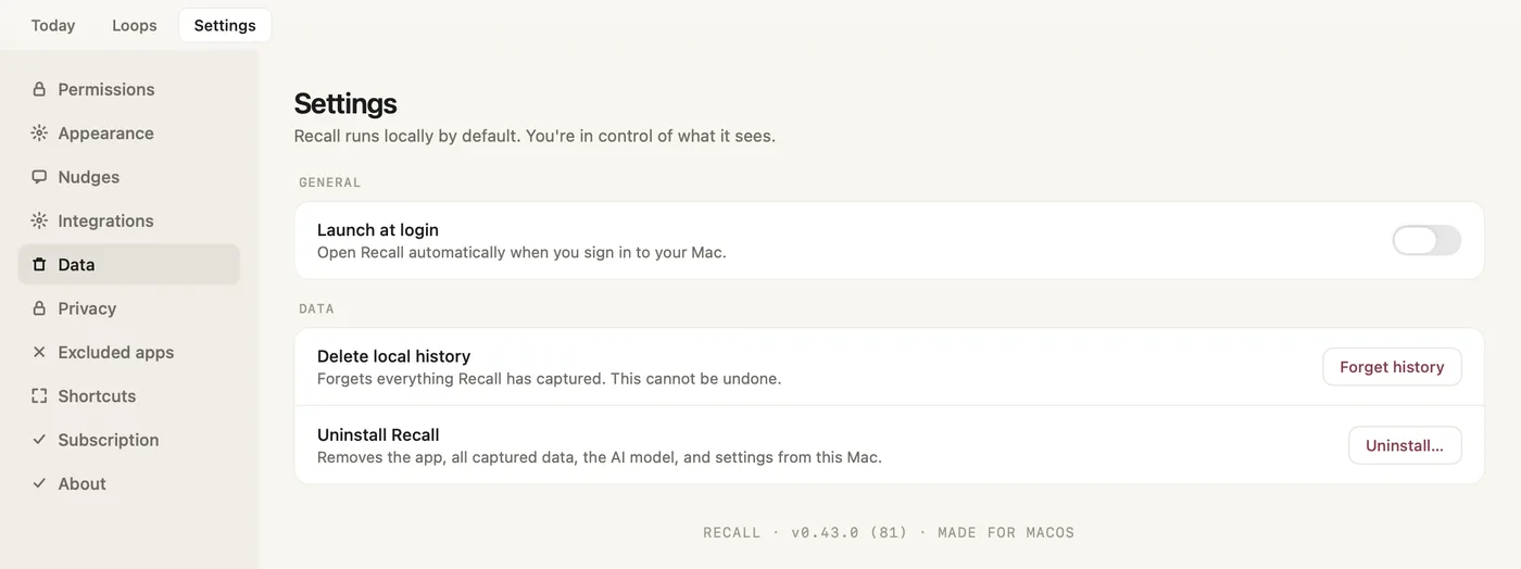 Settings, Data