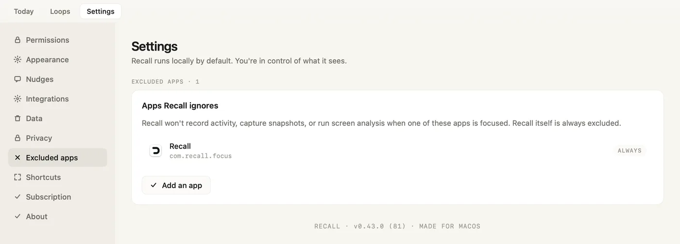 Settings, Excluded apps