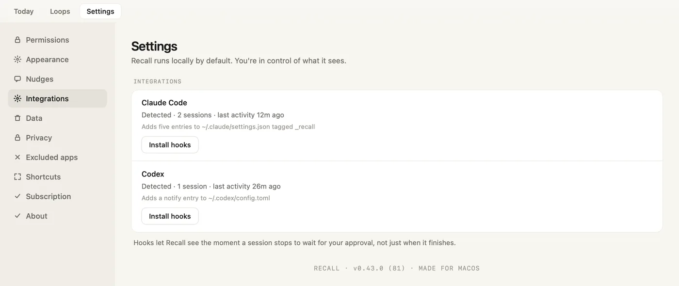 Settings, Integrations with Claude Code and Codex