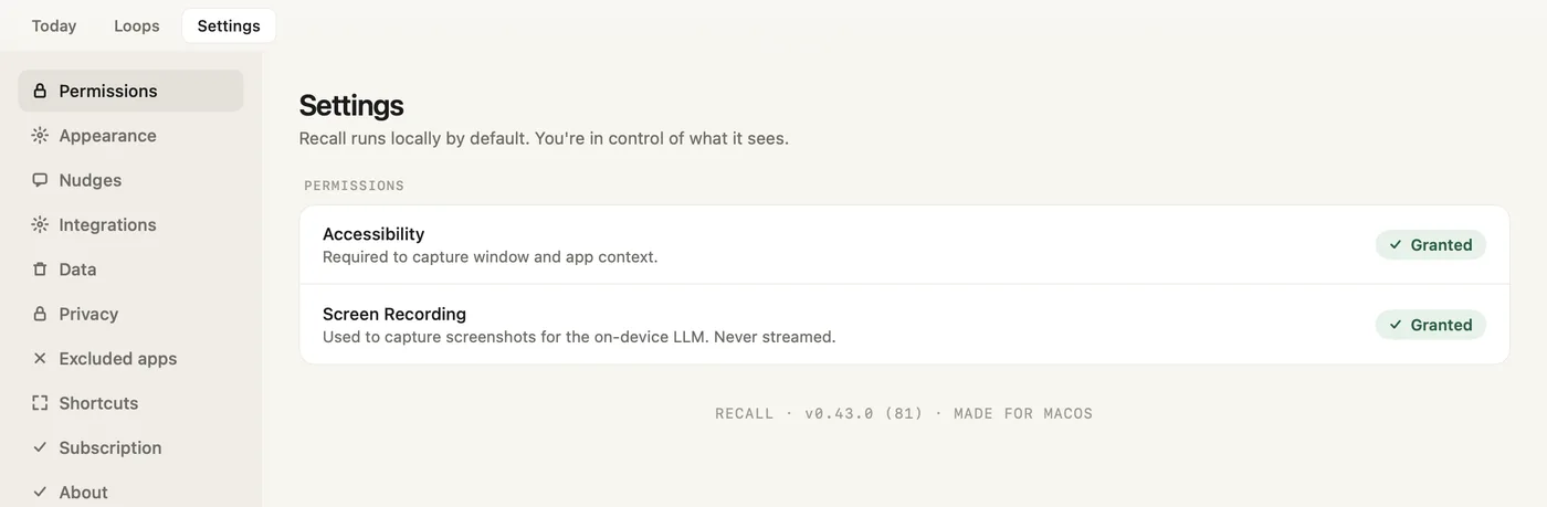 Settings, Permissions