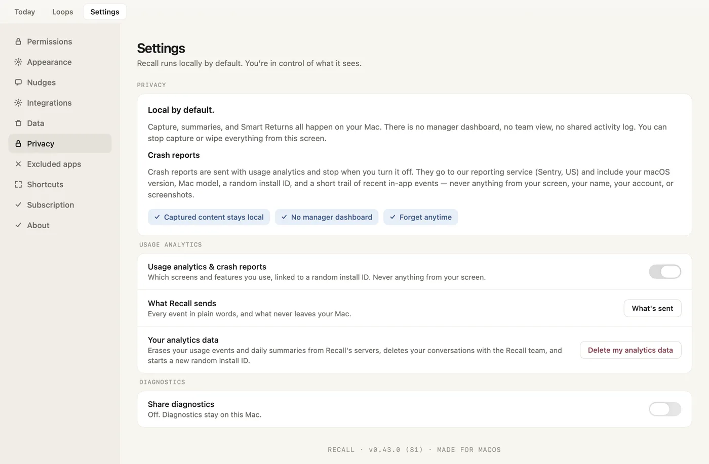 Settings, Privacy with usage analytics and diagnostics