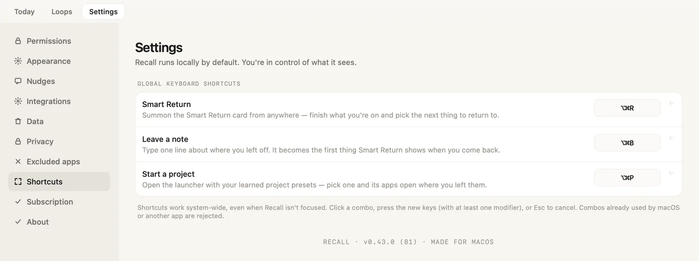 Settings, Shortcuts