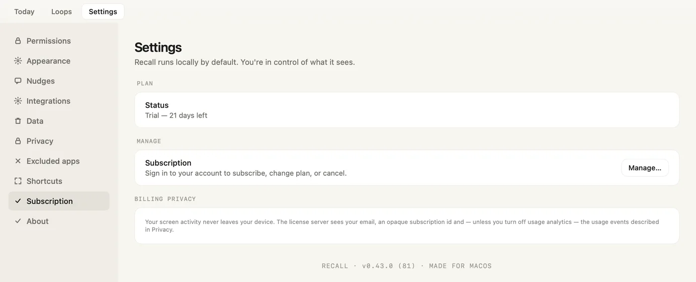 Settings, Subscription