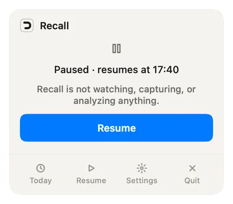 The tray while Recall is paused