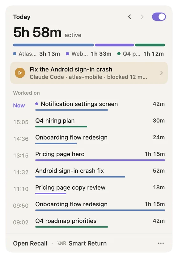 The menu bar tray showing today