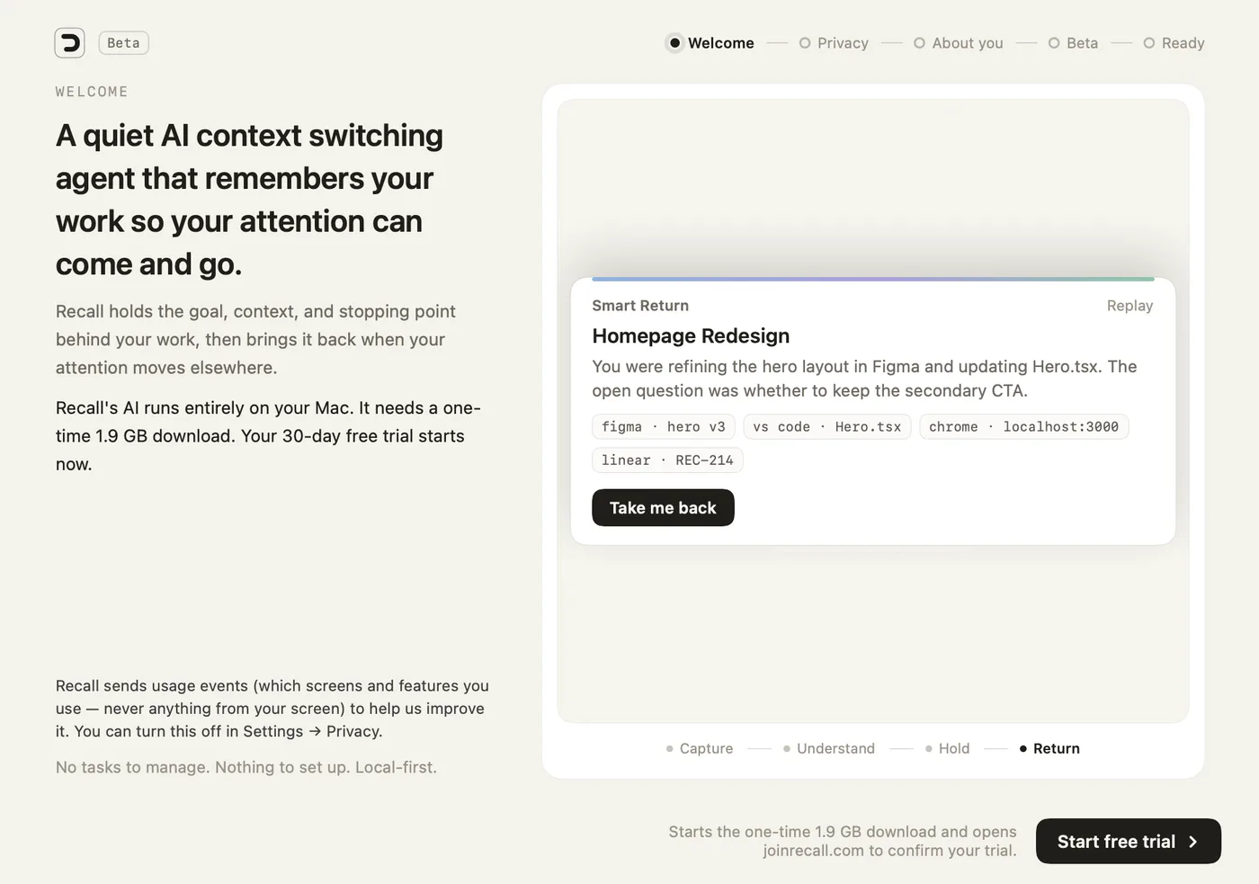 Setup step 1, Welcome, with the Start free trial button