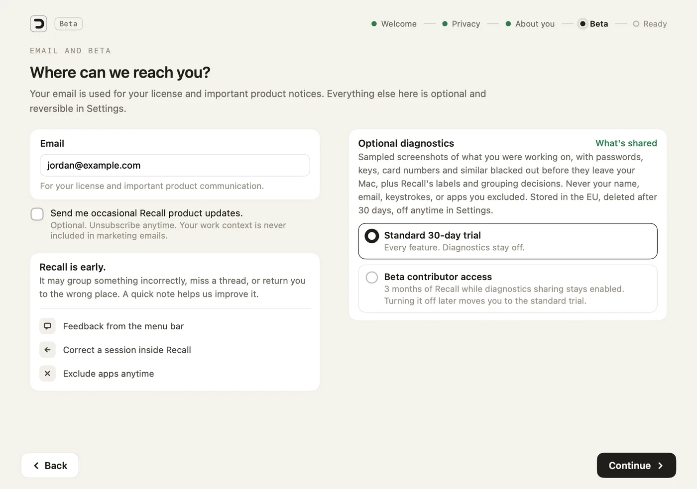 Setup step 4, email and the choice between the standard trial and beta contributor access