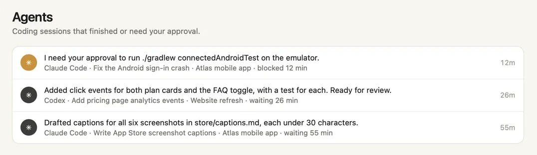 The Agents list: one Claude Code session blocked on your approval, two sessions waiting for your next message