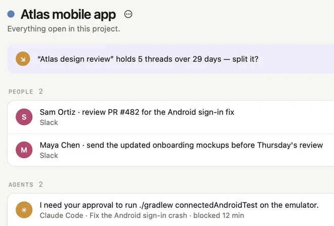 Loops, one project list: a suggestion to split a long task, two people waiting and a coding agent blocked on approval