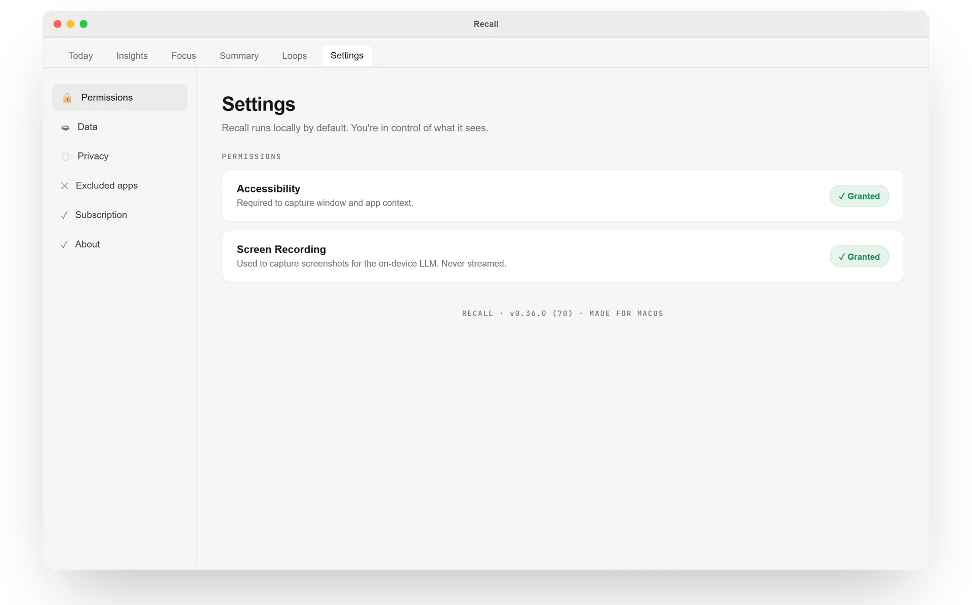 Recall Settings showing local-by-default permissions, Accessibility and Screen Recording, both granted.