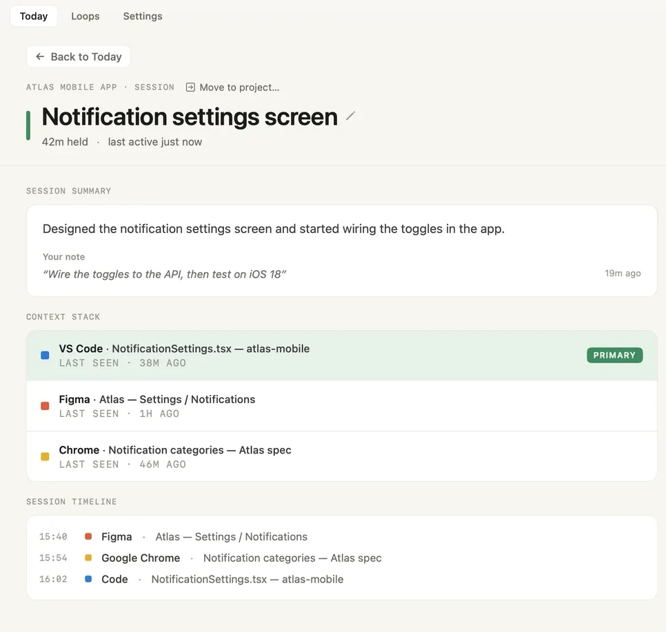 A thread page: the session summary with your note, the context stack with the primary window and the session timeline