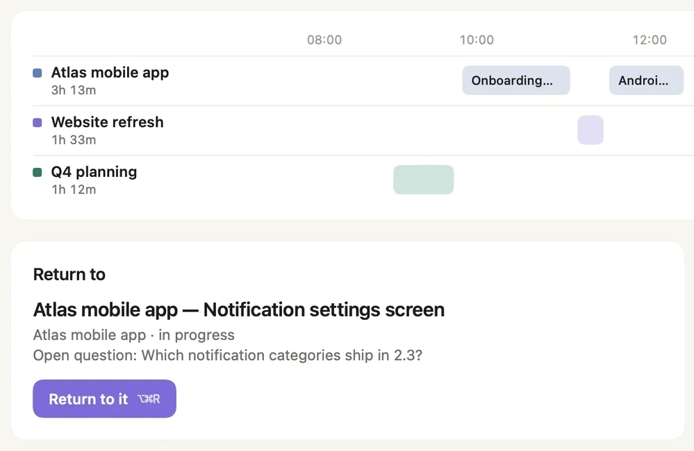 The Today tab: one lane per project on the timeline, and a Return to card with its open question