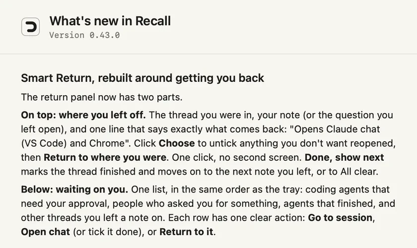 The What's new window in Recall for version 0.43.0, opening on Smart Return, rebuilt around getting you back