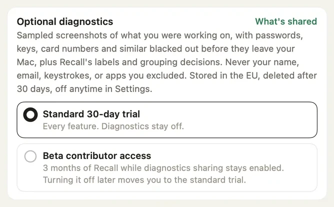 Recall setup, step 4: the choice between the standard 30-day trial and beta contributor access, under Optional diagnostics